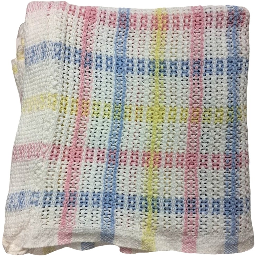 Beacon Vtg White Pastel Baby Blanket Waffle Weave Cotton USA Pink Blue Yellow